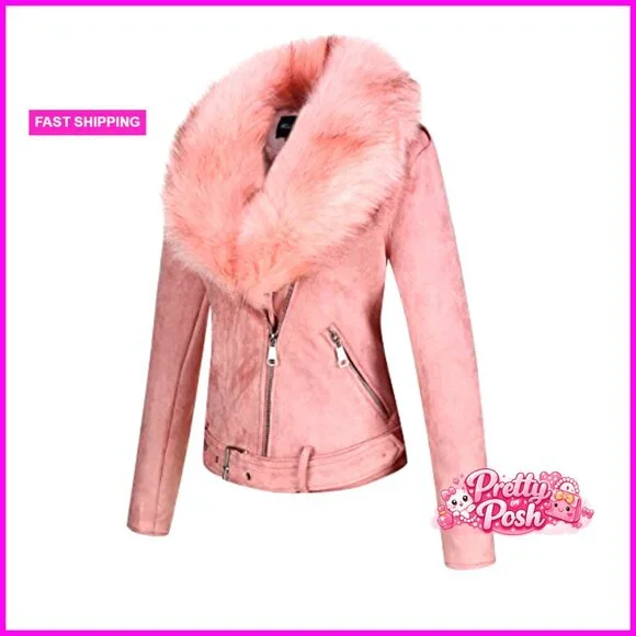 Faux Leather Suede Moto Jacket Sherpa-Lined Overcoat with Removable Belt - Picture 3 of 7